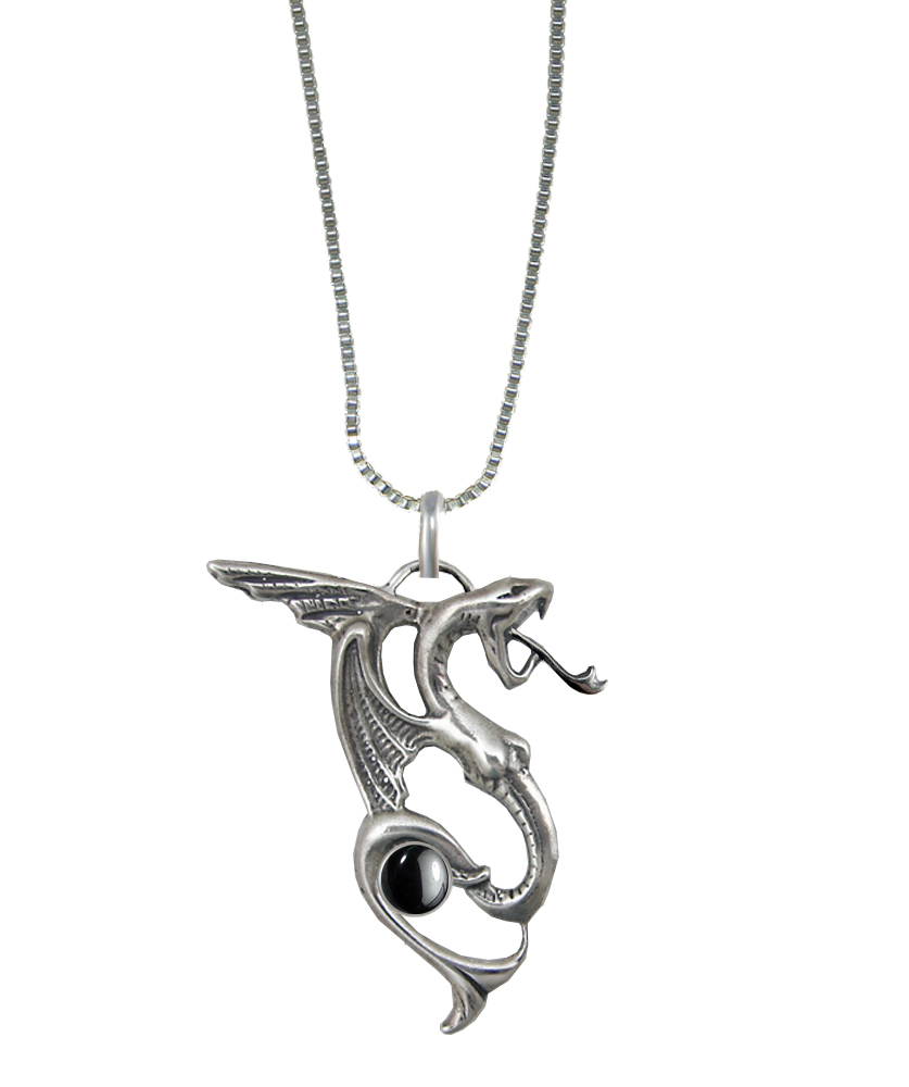 Sterling Silver Medieval Dragon Pendant With Hematite